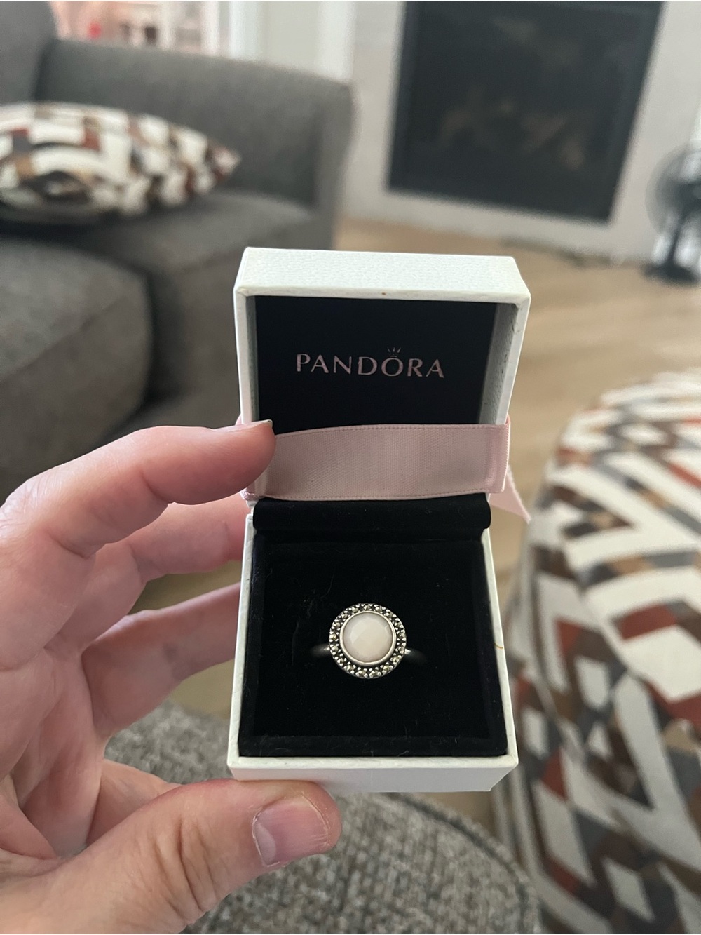 Pandora .925 Sugar & Spice with Center Round Faceted Pink Opal &Marcasite Size 9